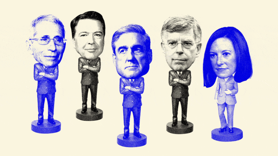 Five illustrations of Anthony Fauci, James Comey, Robert Mueller, Bill Taylor, and Jen Psaki as bobbleheads