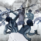 illustration in black and blue ink of enslaved people fighting their captors with staffs, knives, and spears