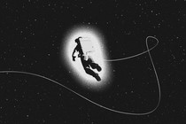 An astronaut floating in space, facing away from the viewer, with a long tether trailing out of the frame like a lasso