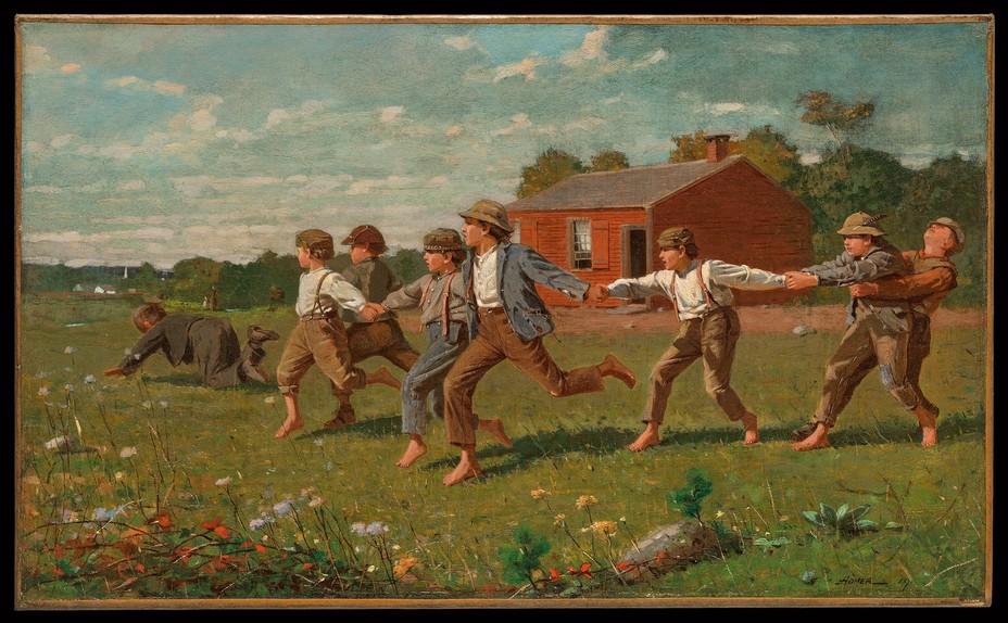 Winslow Homer painting of 8 boys playing a game while running and holding hands in a field with flowers, with red building, trees, and partly cloudy blue sky in background