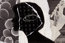 A black silhouette of a women with a page of Xs and Ys torn through (three Xs are circled) against a backdrop of notebook paper, with a torn strip depicting cells and one depicting hands with a vial cutting vertically through