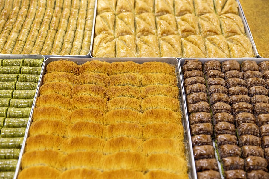 Sweet treats, seen in trays.