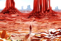 Watercolor-like illustration of a painted western landscape with buttes and a small figure standing in foreground.