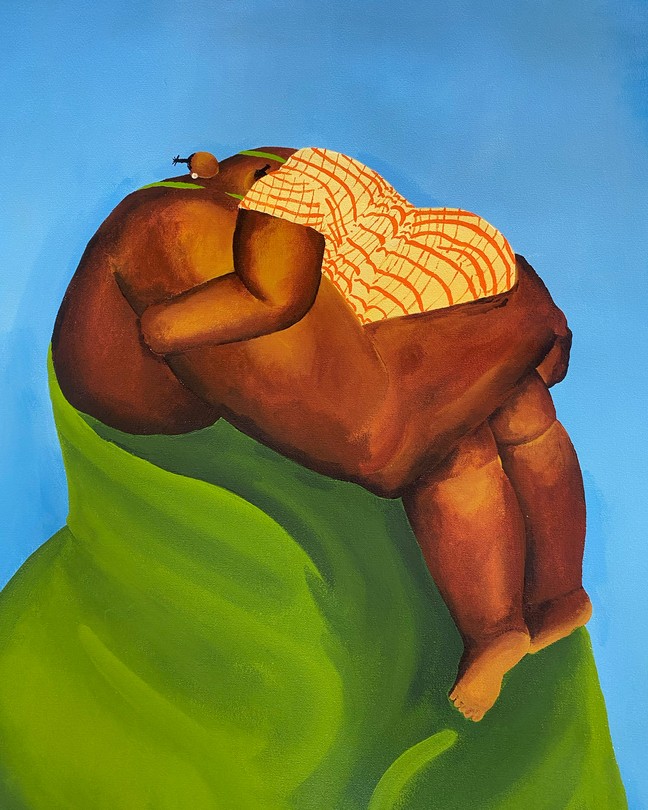 An abstract painting of a Black woman wearing a green dress, holding a Black child wearing a yellow dress with orange stripes, against a light blue background