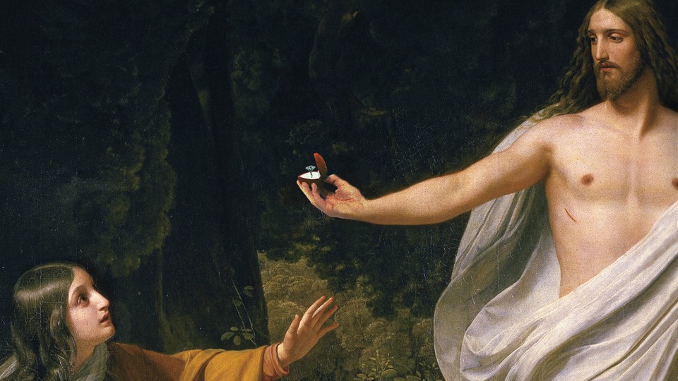 illustration of painting with Jesus holding out engagement ring