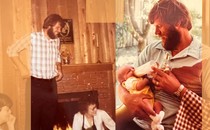 A collage of photographs of the author's father smiling with friends and family, also featuring the author as a baby
