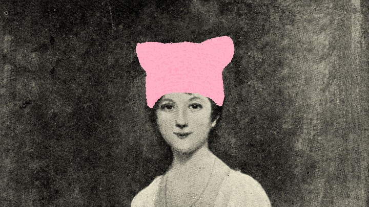 An image of Jane Austen with a pussy hat drawn on.