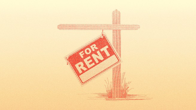 An image of a tilted "For Rent" sign