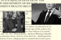 Collage showing legal text and pictures of Kamala Harris and Tim Walz