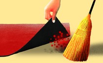 An illustration of a broom sweeping red coronavirus particles under a red rug