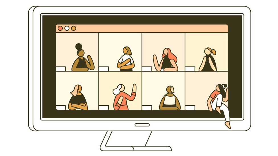An illustration of a videochat window, with one participant in the call sneaking away