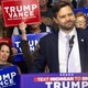 A news photo of J. D. Vance at the podium with Trump-Vance supporters waving placards.