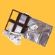 Illustration of a half-unwrapped chocolate bar. Each square of chocolate is just an empty brown frame.
