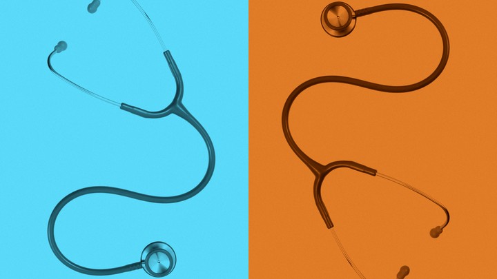 Two stethoscopes side by side, shaded in blue and orange