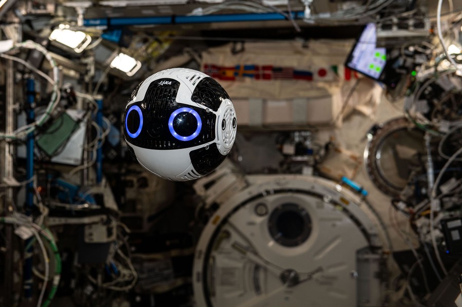 A black-and-white ball-shaped device with two circular "eyes" floats inside the ISS.