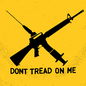 An illustration of a vaccine needle, a gun, and the slogan "Don't tread on me"