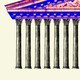 A red and blue Supreme Court roof rests atop dozens of pillars