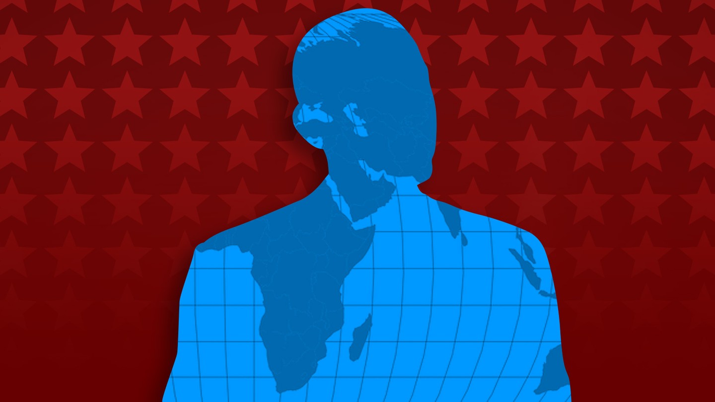 An outline of a man, with the world map inside of the outline in blue. He is against a red background with a star pattern.