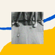 The outline of a blue speech bubble fills the top half of the screen. A yellow, filled-in speech bubble is on the bottom of the screen. In the middle is a black-and-white photo of three pairs of feet, photographed from the calf down in black and white. Each person is wearing a pair of house slippers, two with stripes, one is all black.