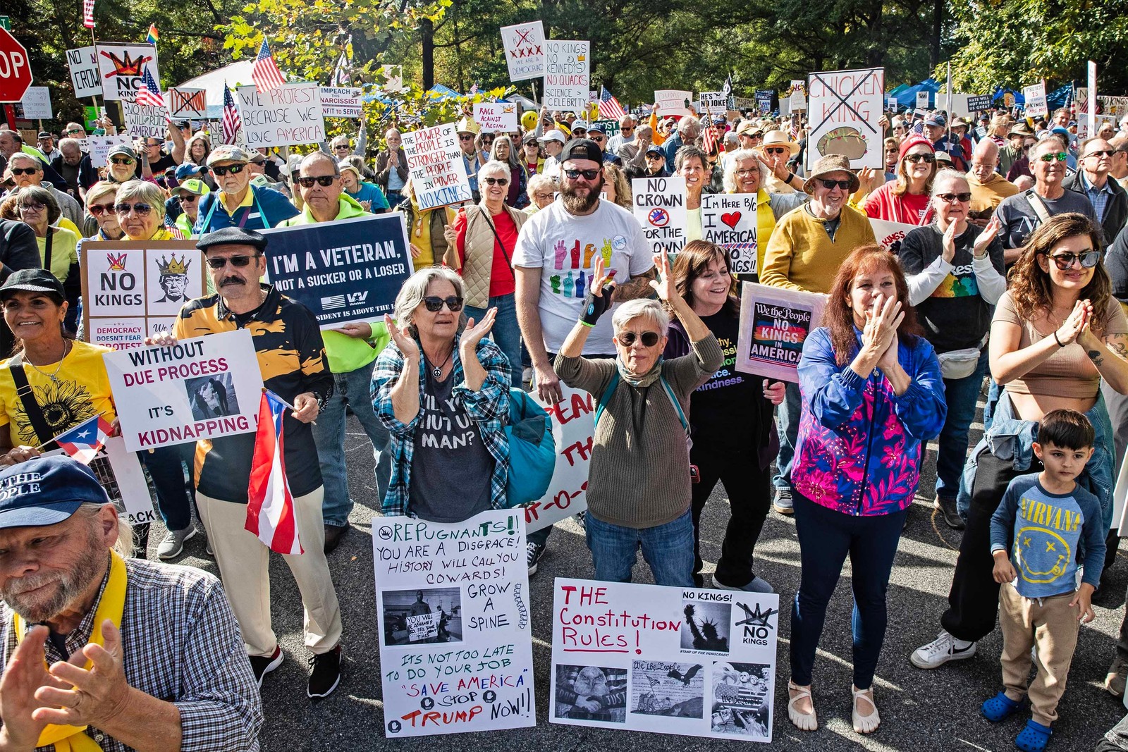 A large group of protesters cheer and hold signs.