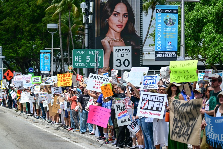 Many protesters stand on a sidewalk along a street, holding up varied protest signs.