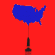 A blue map of the US teeters on the point of a vaccine's needle, against a red background