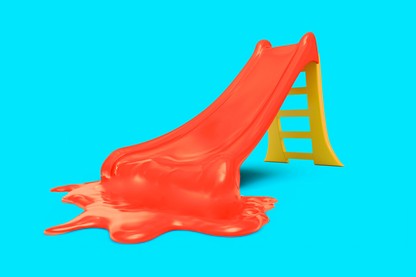 A graphic illustration of a red plastic play slide, with the bottom of it melting into a puddle.