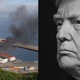 A photo of a Venezuelan harbor next to one of Donald Trump in profile