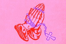 Illustration of praying hands and a rosary