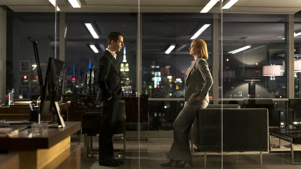 Kendall Roy and Shiv Roy facing off in an office