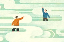 Two friends reach for each other across clouds.