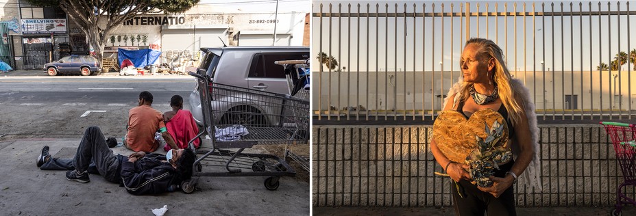 2 photos: person lying on ground resting head on wheel of shopping cart in front of two people sitting on curb; woman with long blonde hair holding large wooden heart and wearing angel wings in front of tall brick and metal fence.
