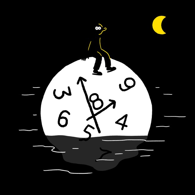 illustration of man sitting on clock under moon