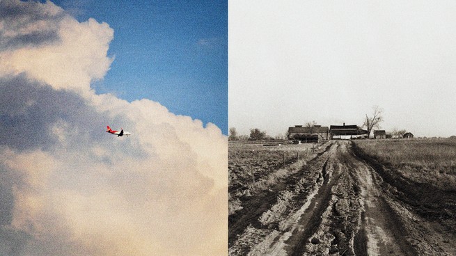 photo illustration of an airplane and a field