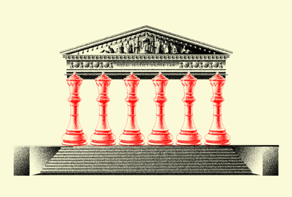 Edifice of the Supreme Court but in place of columns are king pieces from a chess set