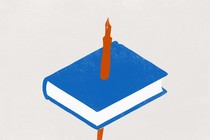 A graphic illustration of a red pen, piercing through a blue book
