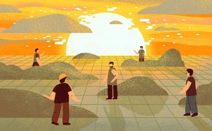 An illustration of five men spread out on a horizontal grid, among silhouettes of land masses. The sun sets in the background.