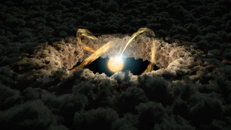 An artist's rendition of a star surrounded by a protoplanetary disk