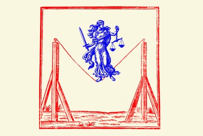 An illustration of Lady Justice standing on a tightrope
