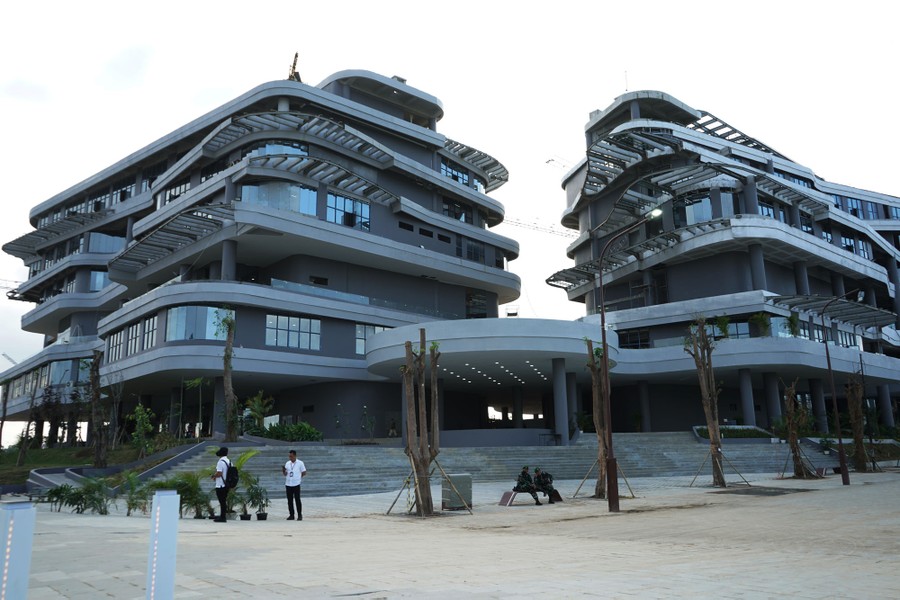 A view of two modern buildings, recently built