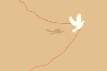 An illustration showing a dove moving a red line by carrying it in its beak