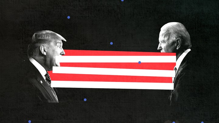 An illustration of Donald Trump facing Joe Biden with the stripes of the flag between them