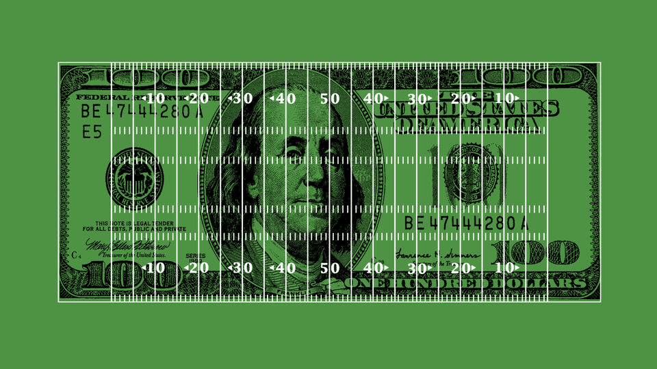 Hundred dollar bill with football field