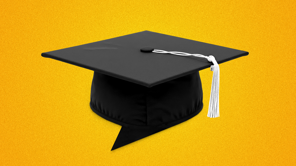 An illustration of a graduation cap against a golden-yellow background
