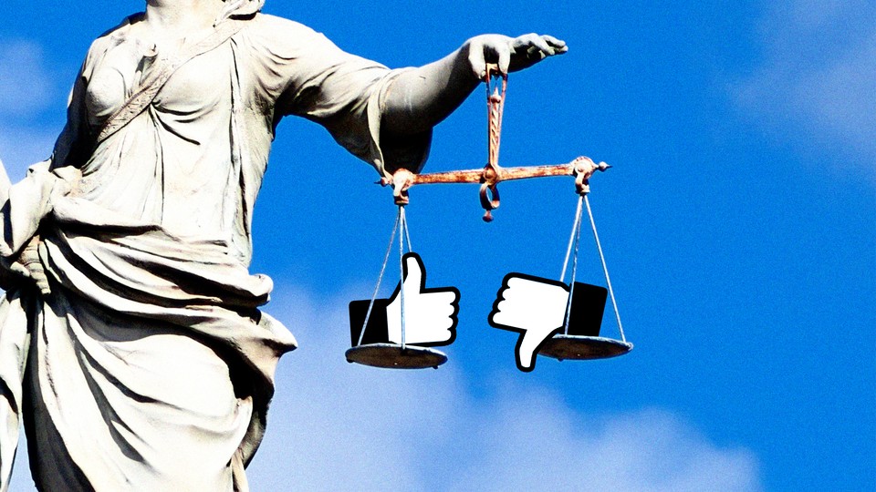 Scales of justice with "Like" and "Dislike" icons