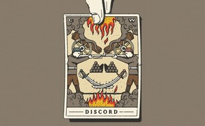 illustration of hand holding a card that says DISCORD at the bottom, with cannons, flames, riflemen, and swords that form the shape of a face