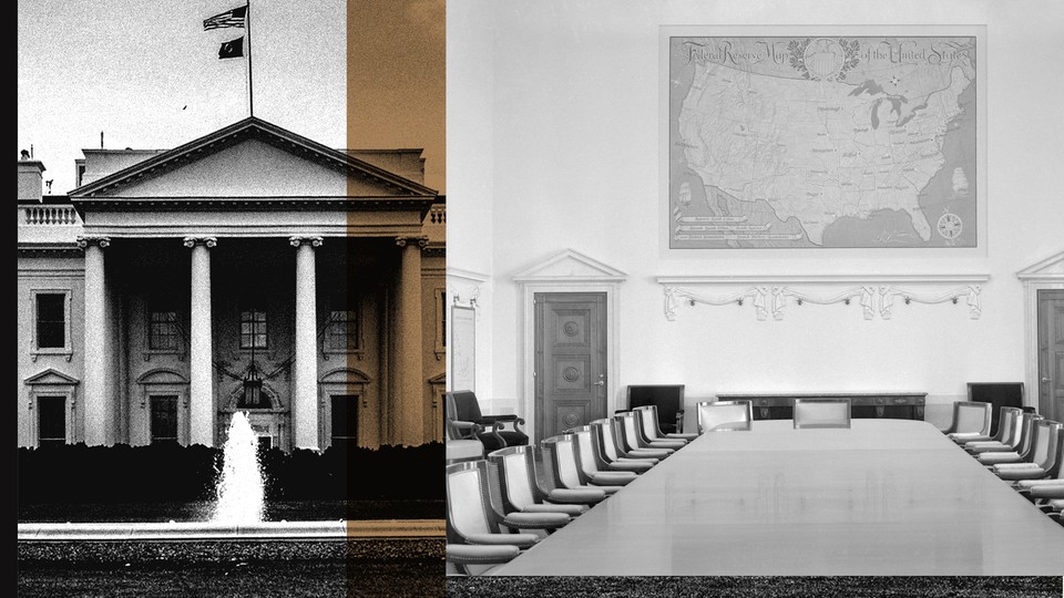 Black-and-white photos of the Federal Reserve and an empty meeting room with a map of the United States on the wall