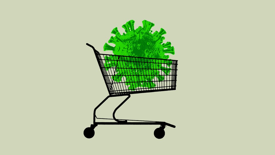 An illustration of a green coronavirus nestled inside a supermarket cart
