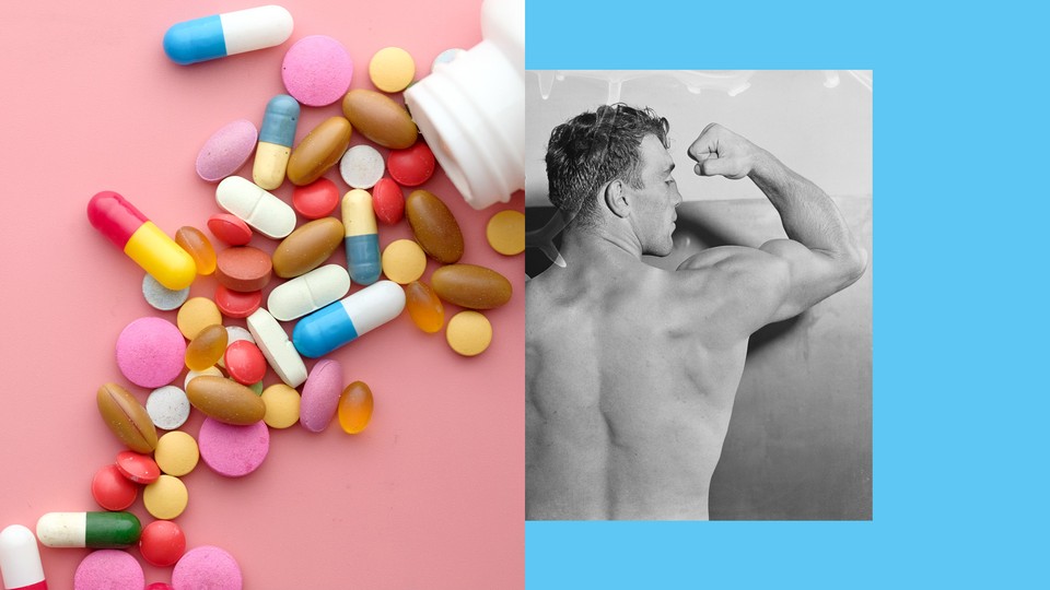 An illustration of a shirtless man flexing his bicep next to a bottle of pills.