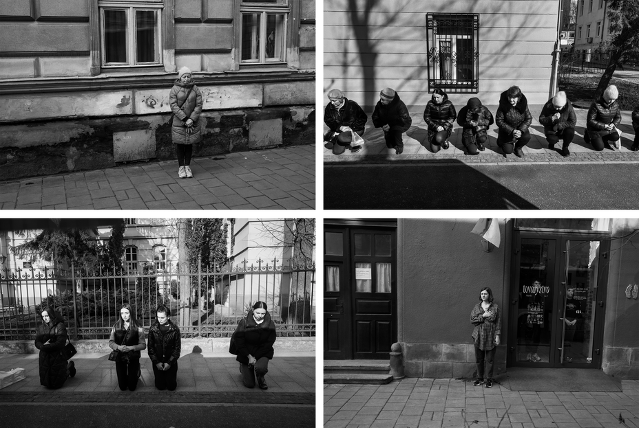 4 black-and-white photos of people standing or kneeling on sidewalks in front of buildings as funeral processions pass
